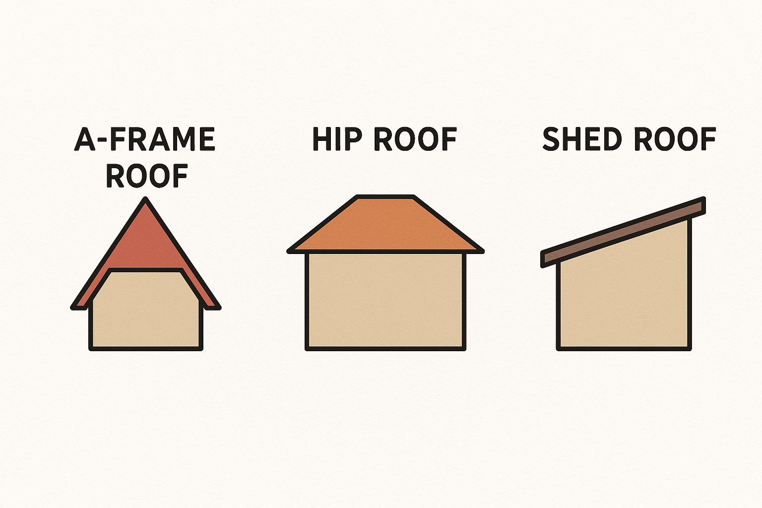 There are three different types of roofs , a frame roof , hip roof , and shed roof.