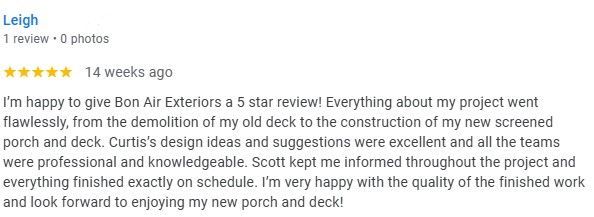 Review of Don Air Exteriors by Leigh, 5 stars, mentions flawless work, professional team, and timely completion.
