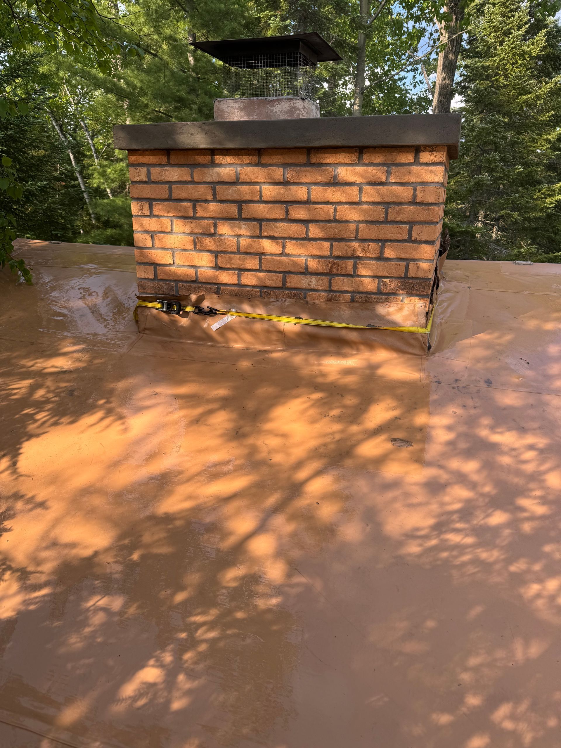 Brick chimney on a flat roof with water pooling. Trees in background.