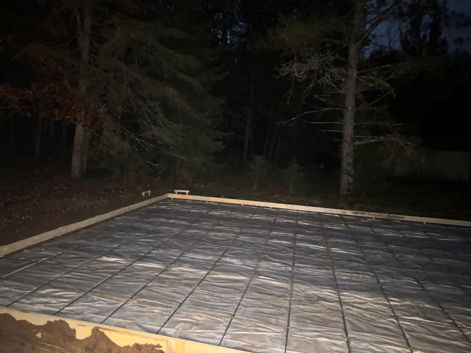 Nighttime view of a concrete foundation with rebar grid, surrounded by trees.