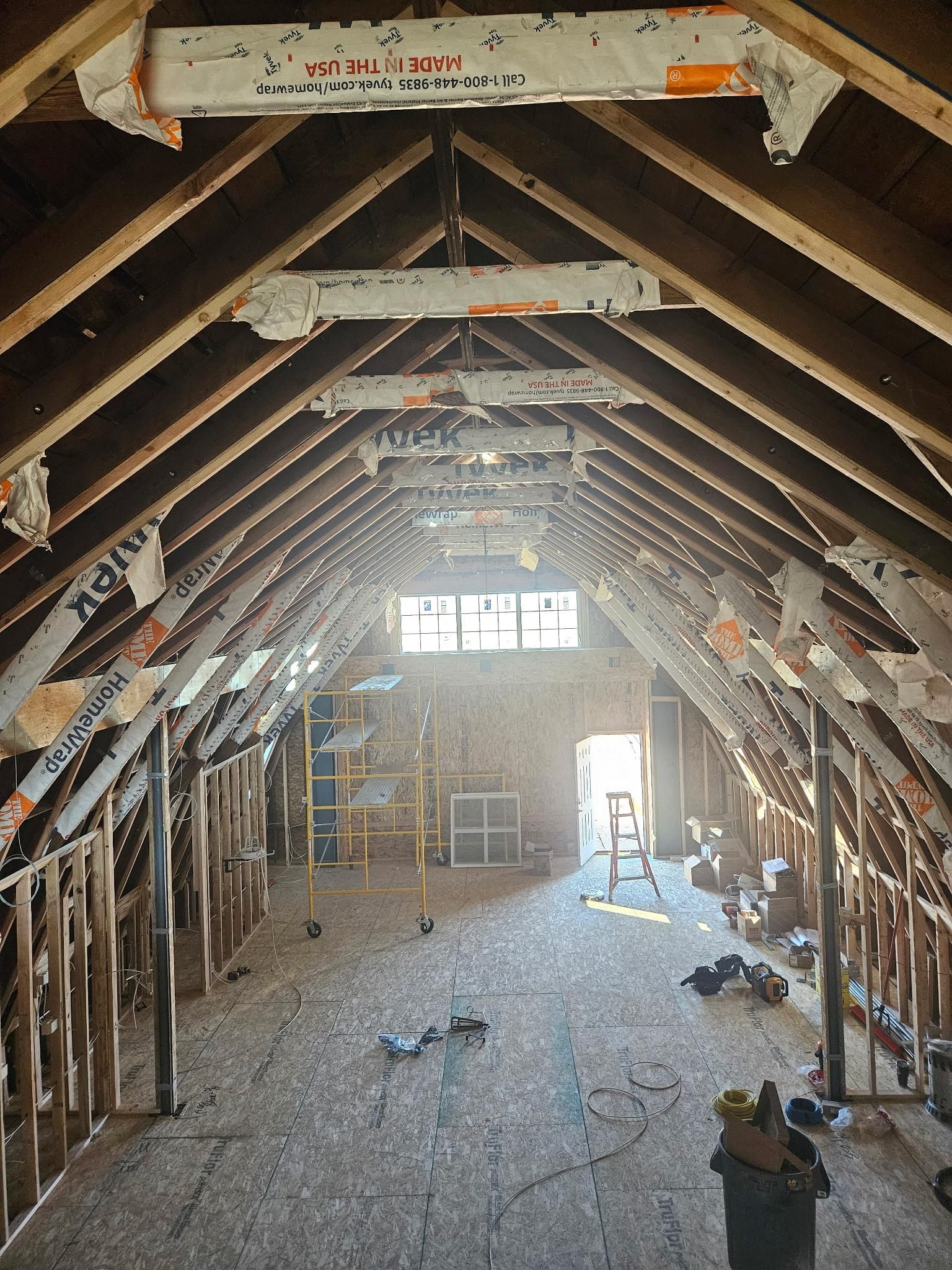 The attic of a house is being remodeled