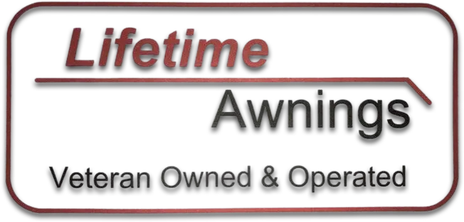 Logo for Lifetime Awnings. Features text "Lifetime Awnings", "Veteran Owned & Operated" in a brown and white box.