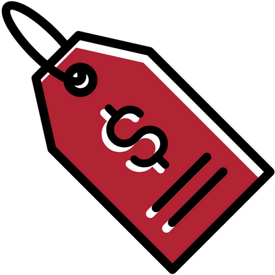 Red price tag with a dollar sign.