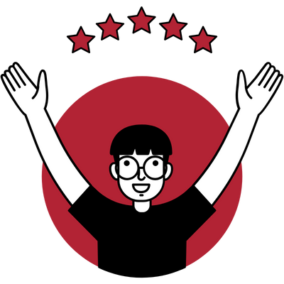 Person with arms raised, smiling, inside a red circle, with five red stars above.