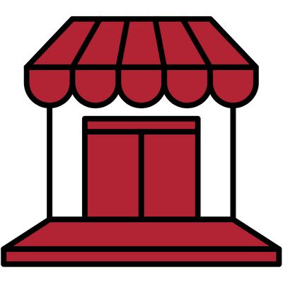 Red shop front with awning and doors.