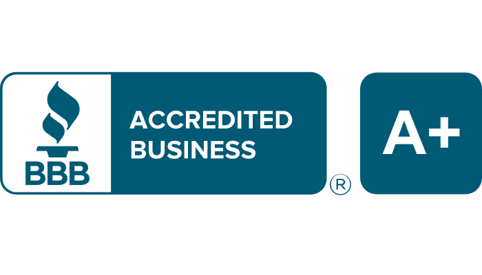 BBB Accredited Business logo with a teal background and an A+ rating.