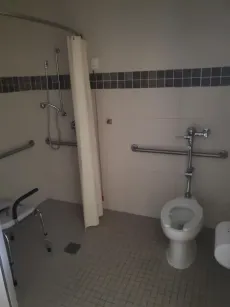 Accessible bathroom with shower, toilet, and grab bars. Neutral colors. Shower curtain closed.
