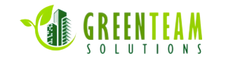 Logo for GreenTeam Solutions: green text and design of leaves and buildings.