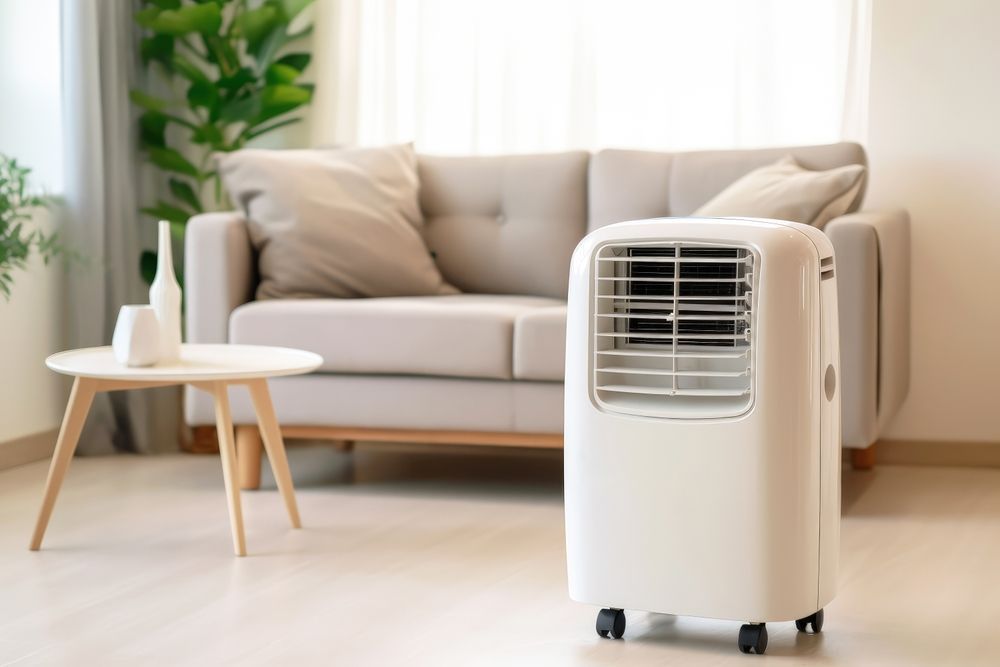 A portable air conditioner is sitting in a living room next to a couch.