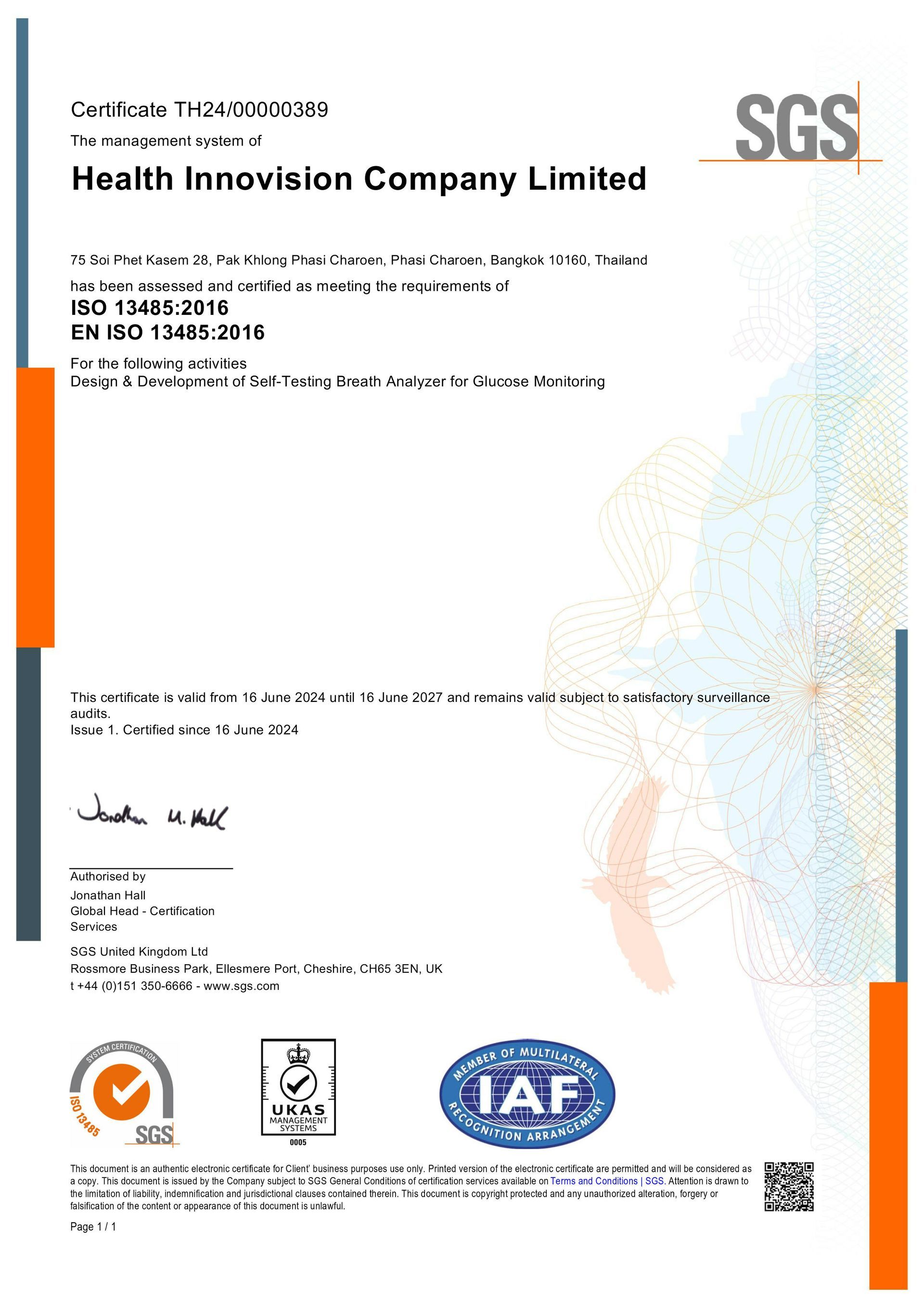 A sgs certificate for a health innovation company limited