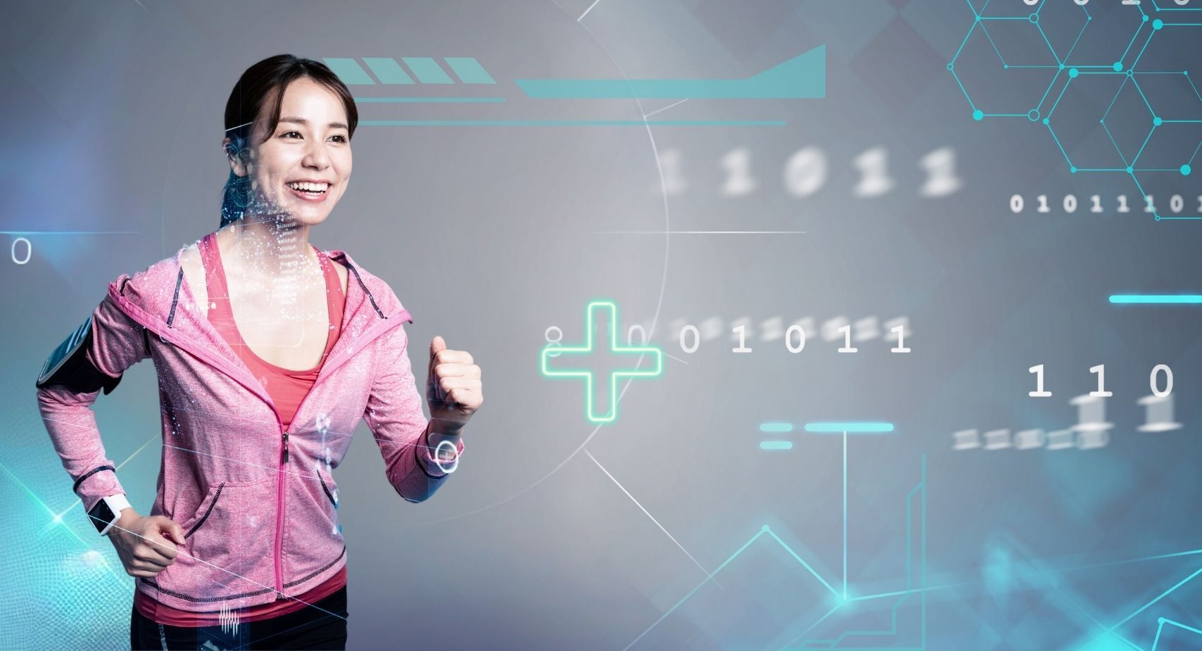 A woman is running in front of a futuristic screen.