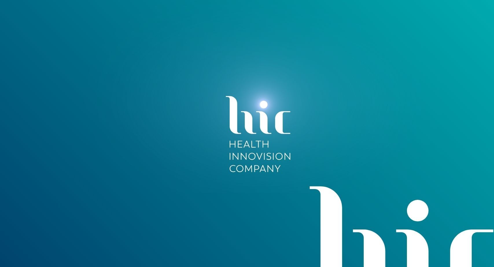 A logo for a health innovation company on a blue background.