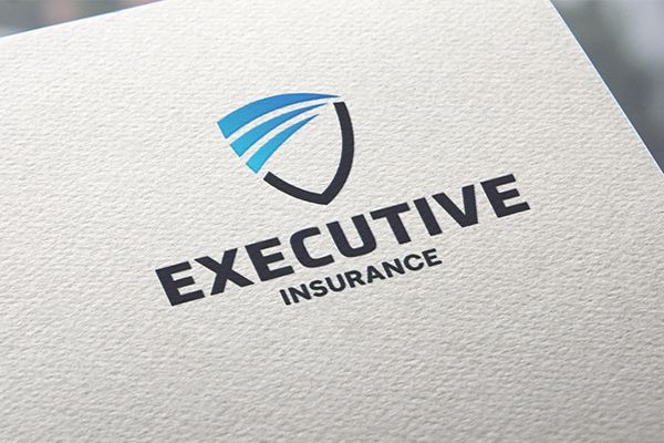 Logo for Executive Insurance: shield with blue streaks, text 