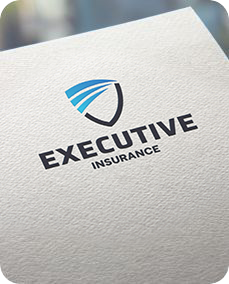 Logo for Executive Insurance: Blue and black shield with blue curved lines, over text 