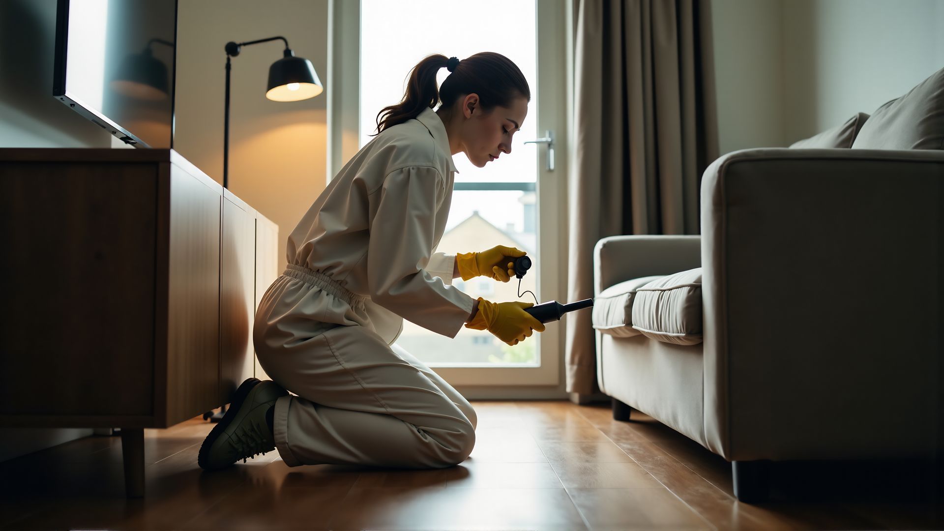 Person in protective suit kneels to spray under a couch in a living room; window and lamp in background.