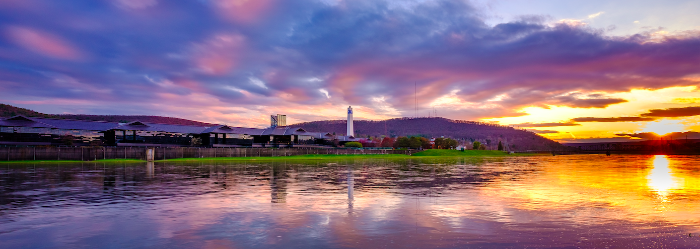 Corning NY and the Chemung River at Sunset