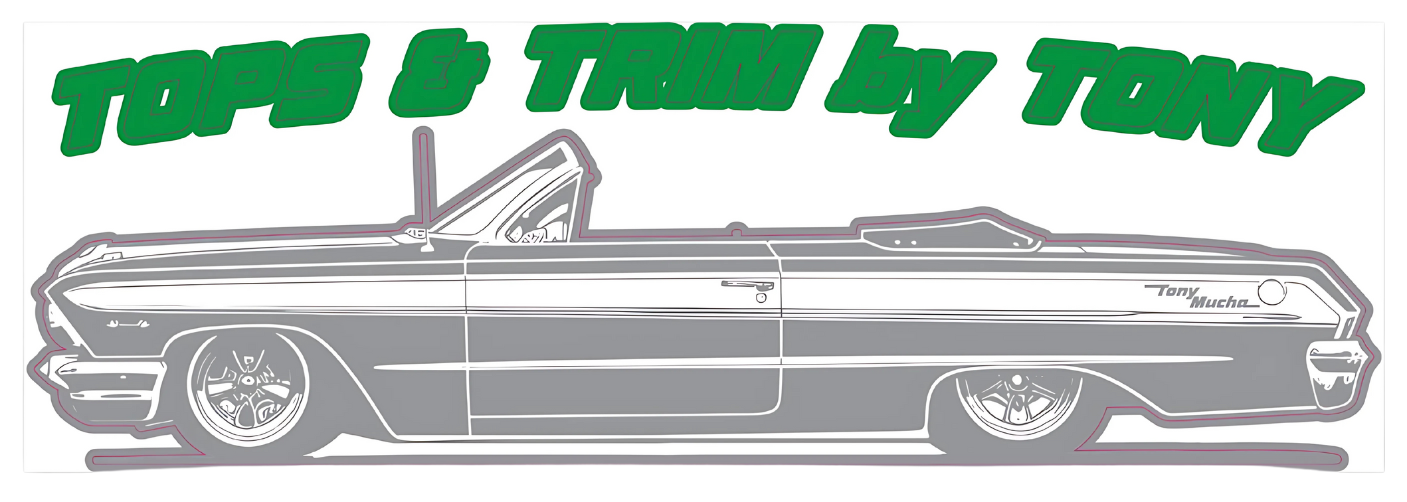 A drawing of a car with the words tops & trim by tony on it.