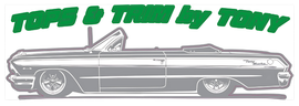 A drawing of a car with the words tops & trim by tony on it.