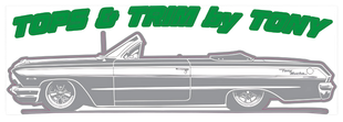 A drawing of a car with the words tops & trim by tony on it.