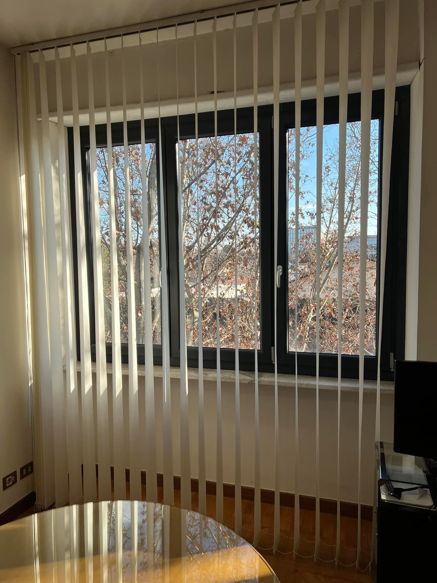 Delle tende verticali color crema coprono una finestra con cornice scura, che offre una vista sugli alberi all'esterno.