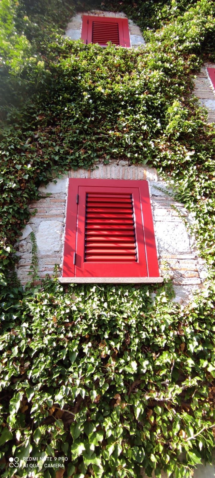 Due persiane a lamelle di un rosso acceso, incastonate in un muro di pietra ricoperto da una fitta vegetazione di edera verde.