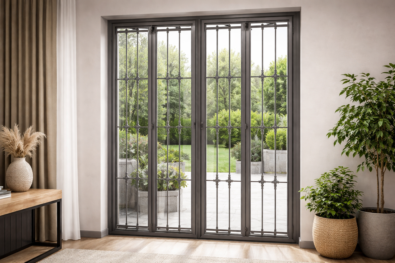 Una finestra rettangolare con una grata di sicurezza in metallo nero caratterizzata da un motivo diagonale a spina di pesce su una parete bianca.