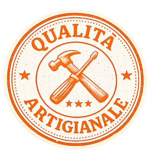 Una spilla circolare arancione con un'illustrazione vintage di un martello e un cacciavite incrociati e la scritta 