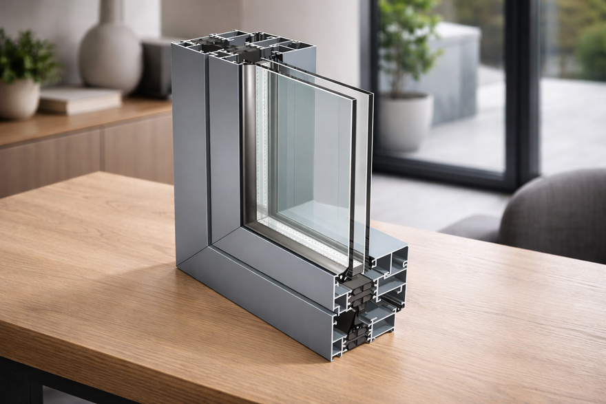 Primo piano di una sezione trasversale di un telaio di finestra in PVC beige con triplo vetro, su uno sfondo marrone sfocato.