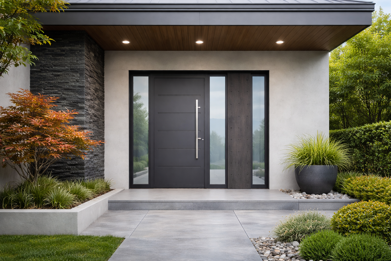 Un moderno portone da garage grigio incastonato in un muro rivestito in pietra, fiancheggiato da due alti cipressi verdi e ben curati.