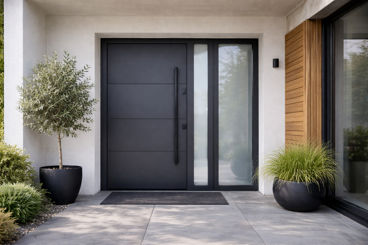 In un corridoio dai toni neutri, una porta moderna con finitura effetto legno e profili orizzontali argentati è leggermente socchiusa.