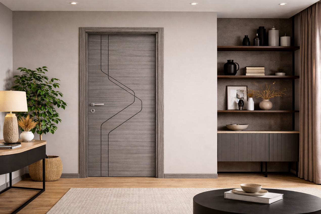 Una persona con un blazer nero apre una porta a vetri accanto a un muro di mattoni.