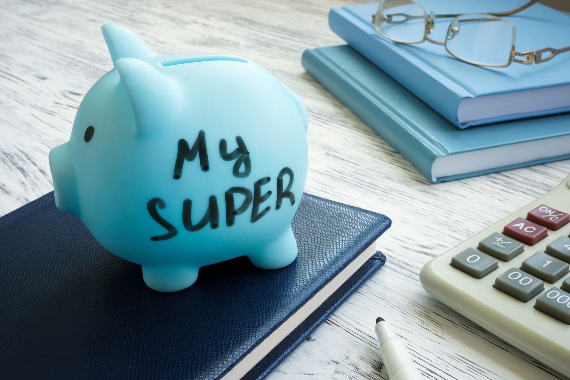Blue piggy bank labeled 