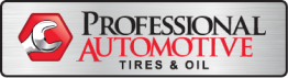 Logo for Professional Automotive Tires & Oil featuring a white wrench inside a red hexagon on a metallic silver background.