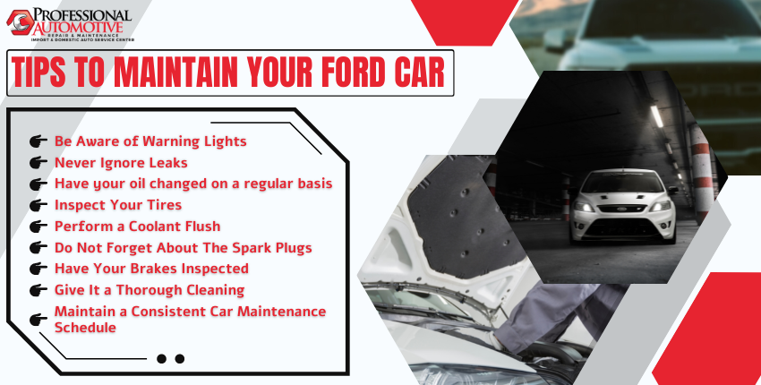 Professional Automotive infographic listing maintenance tips for Ford cars, featuring vehicle and service imagery.