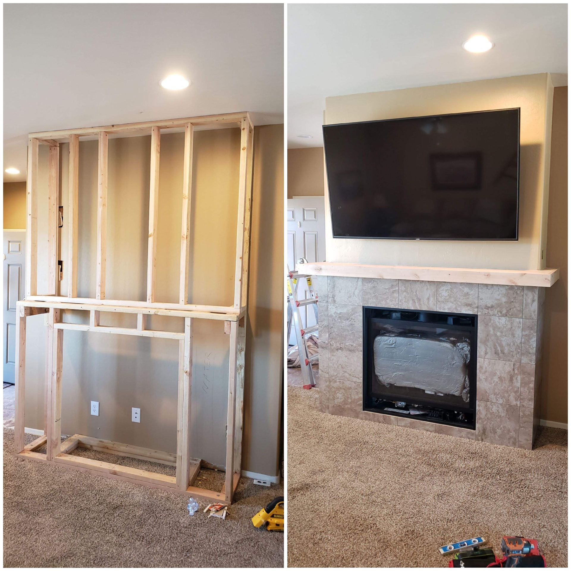 a kitchen is being remodeled with a refrigerator in the middle of the room .