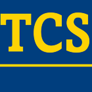 Un cartel azul con letras amarillas que dice tcs