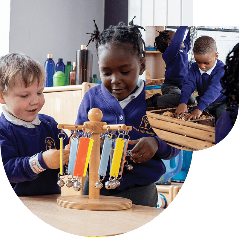 A group of children are playing with a wooden toy.