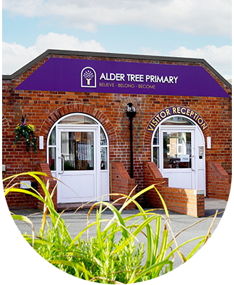 A brick building with a purple sign that says alder tree primary