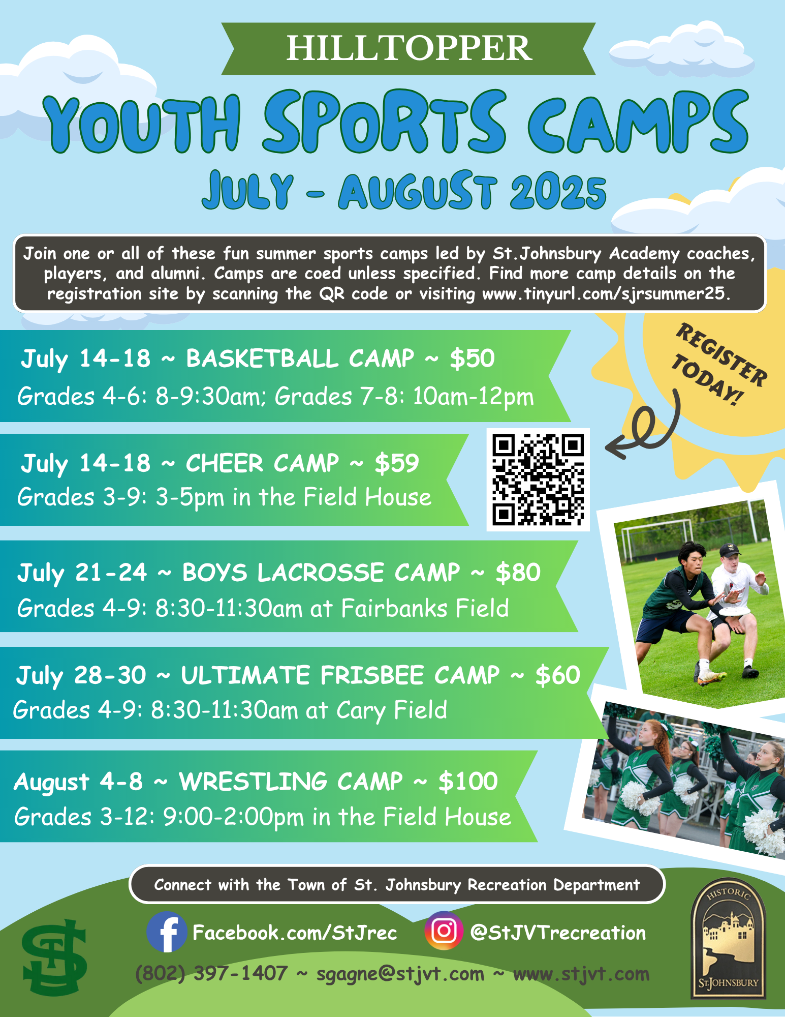 A flyer for youth sports camps in July and August