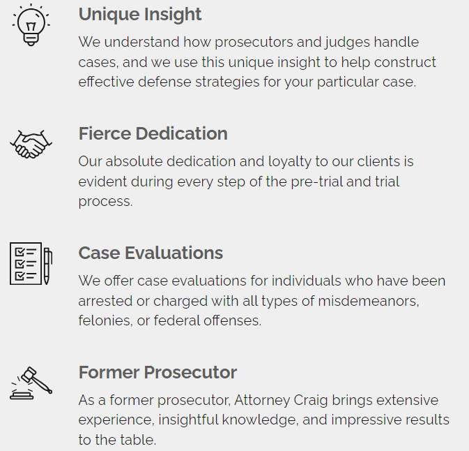 A screenshot of a website that says unique insight fierce dedication case evaluations and former prosecutor