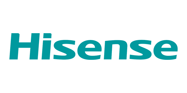 Logo Hisense in caratteri color verde acqua su sfondo bianco.