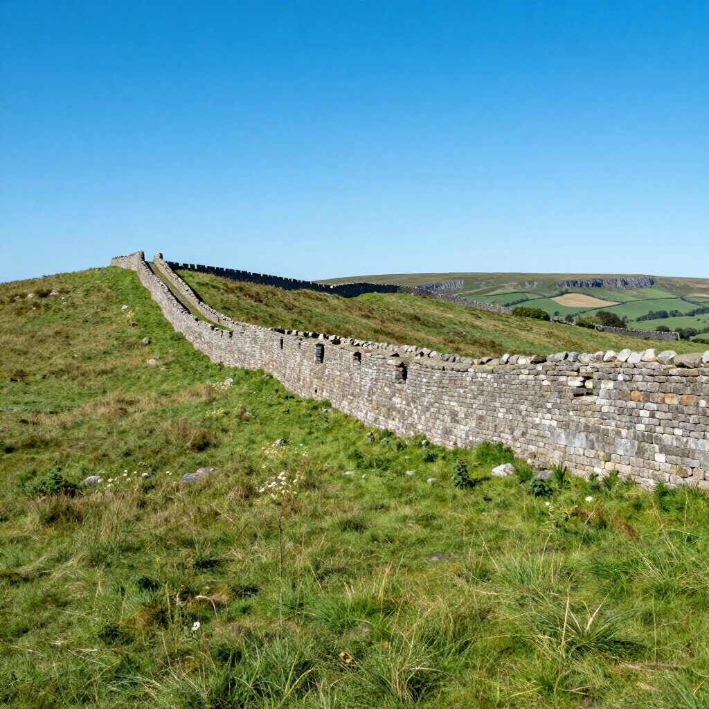 Stone wall curving across a grassy hillside under a clear blue sky. roman wall