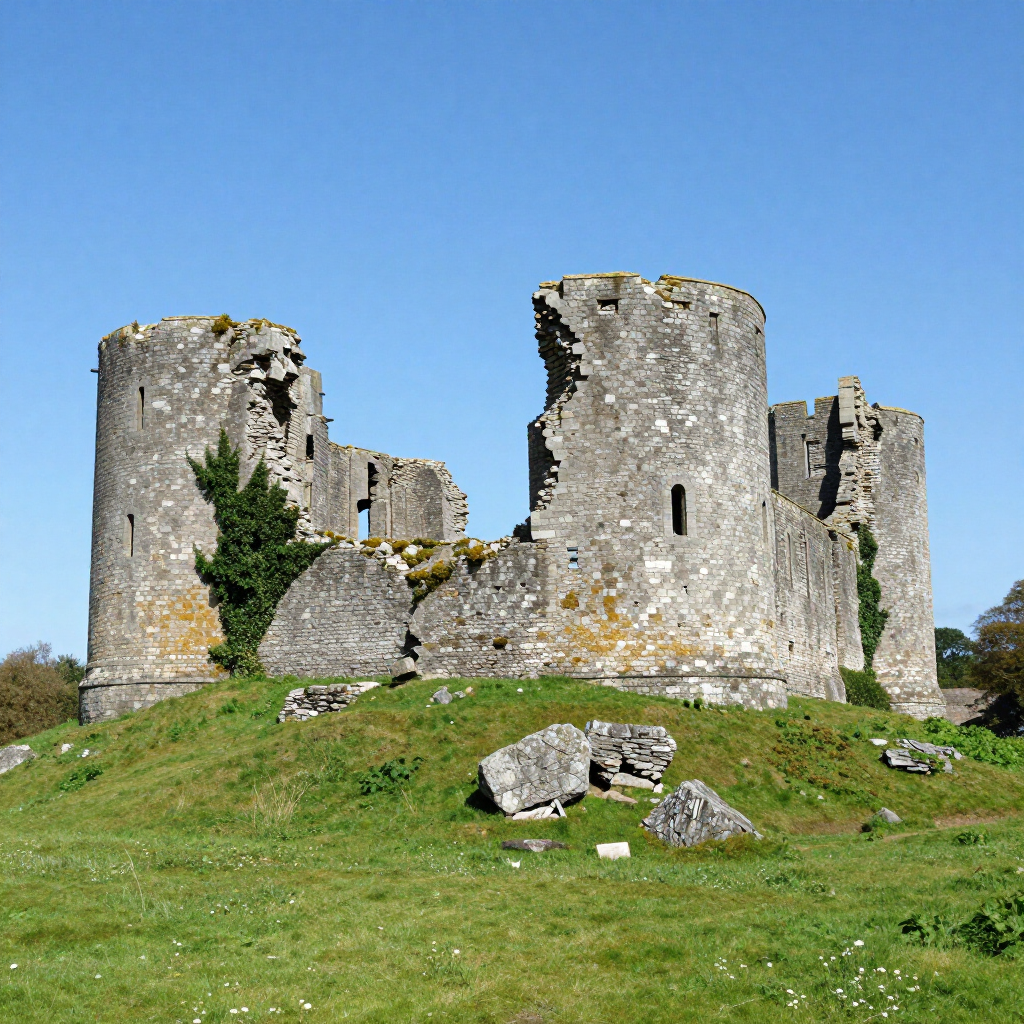 Ruined stone castle on a grassy hill under a clear blue sky northumberland