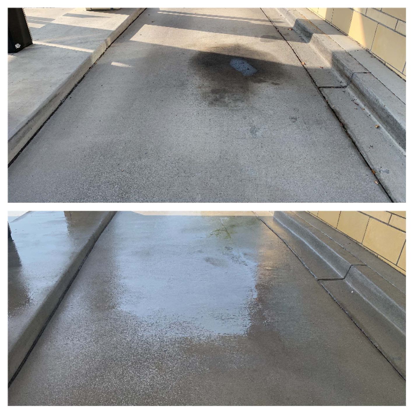 A before and after photo of a concrete sidewalk