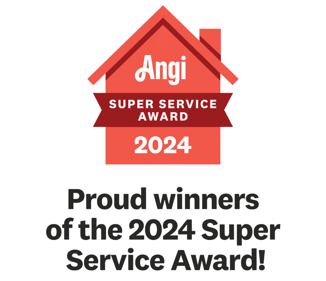 Angi Super Service Award 2024 badge with red house icon. Text: 