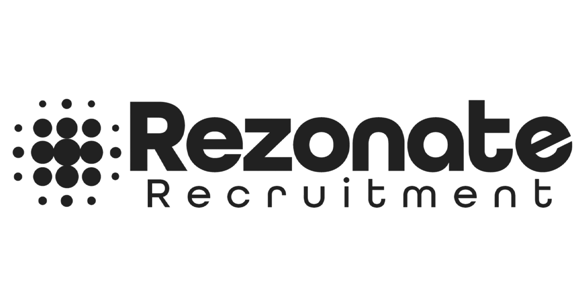 Logo for Rezonate Recruitment, black text and dot-matrix graphic.