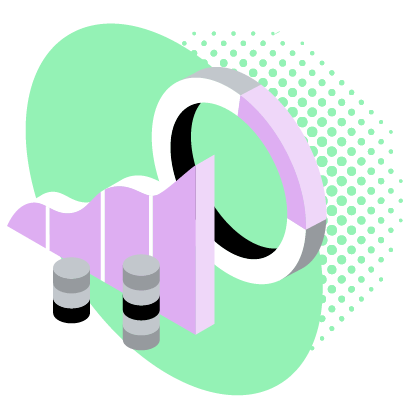 Infographic with light purple data visualizations and black and gray cylinders on a green background with dots.
