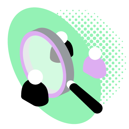 Magnifying glass over three figures, one is being examined.