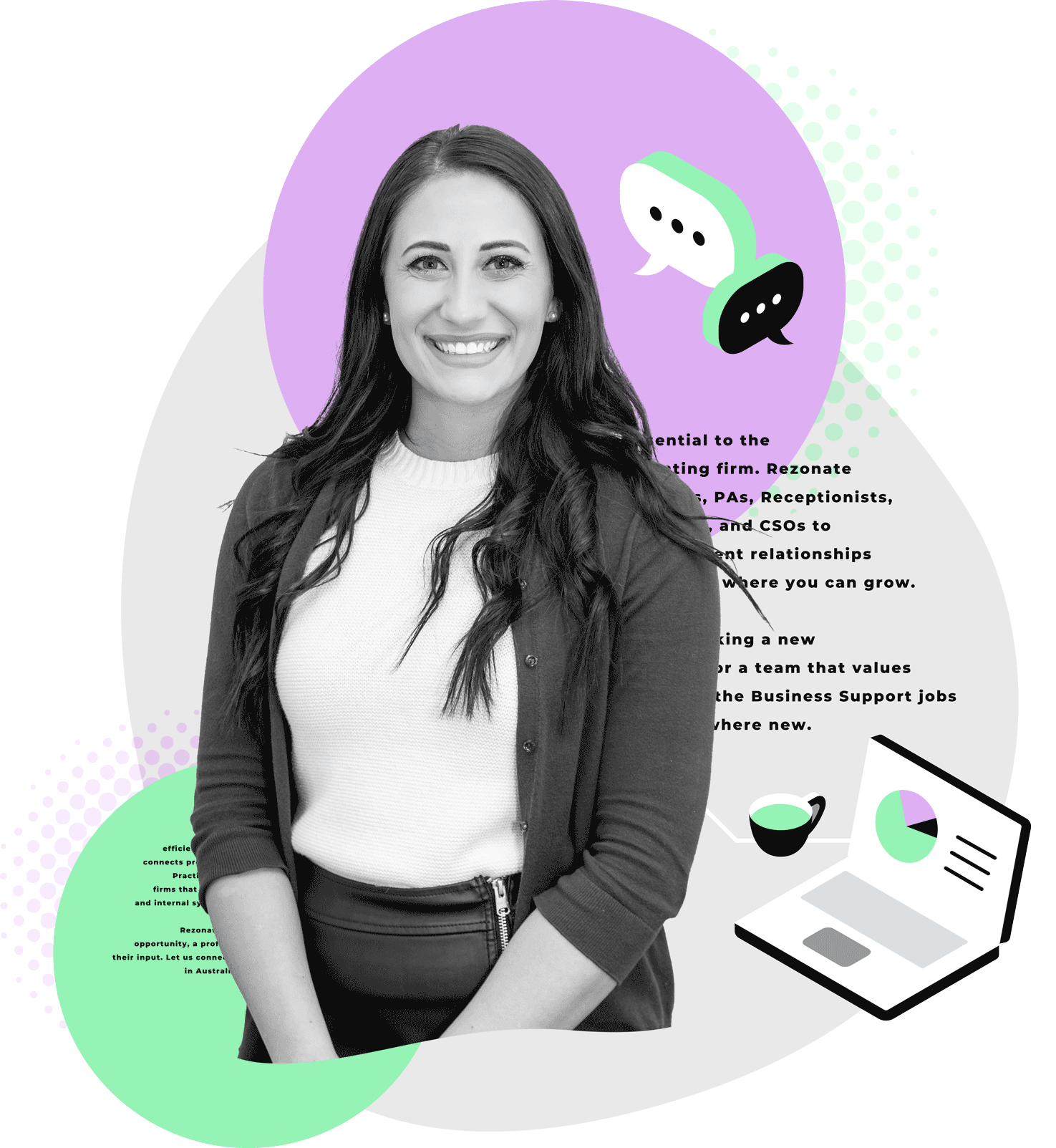 Woman with long hair smiles, surrounded by speech bubbles, a laptop, and abstract shapes.