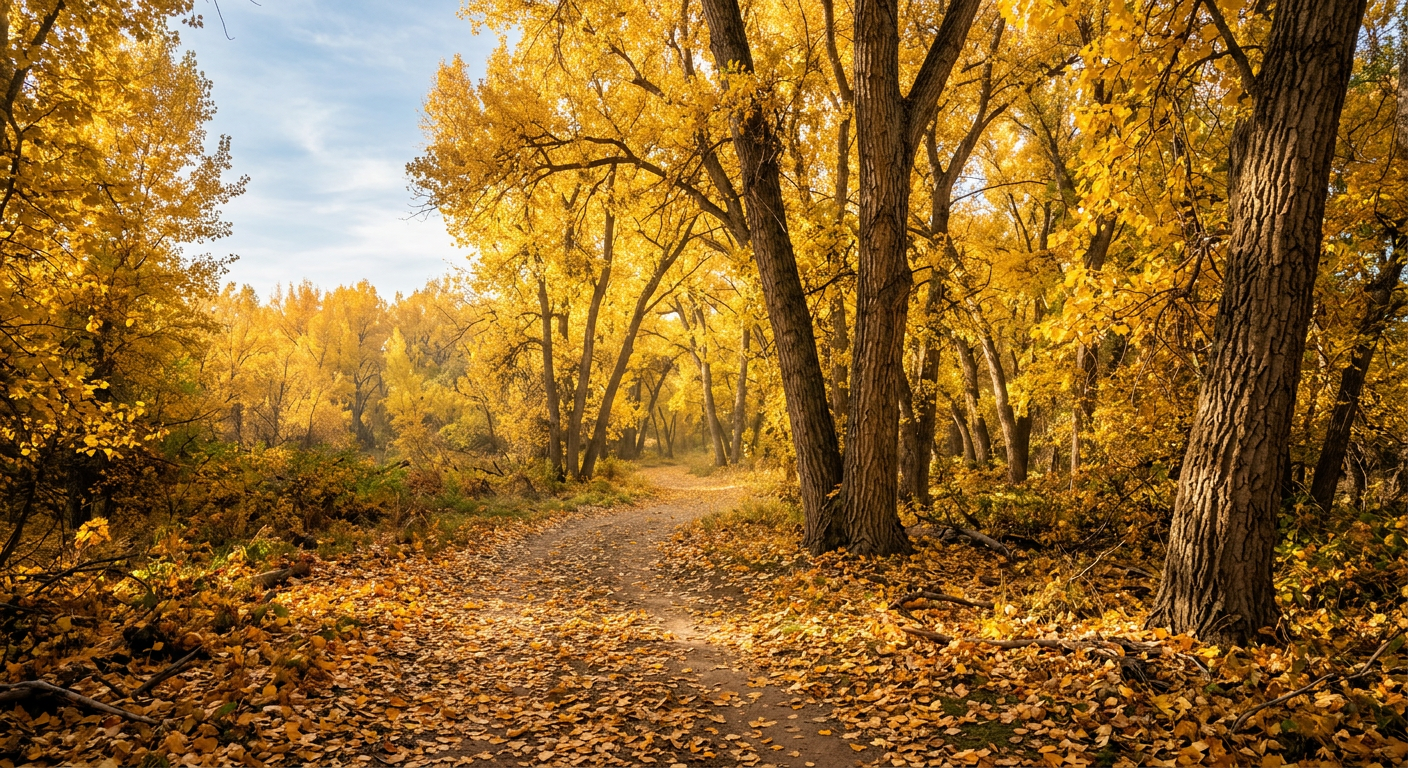 Autumn forest path lined with golden trees and fallen leaves under soft daylight